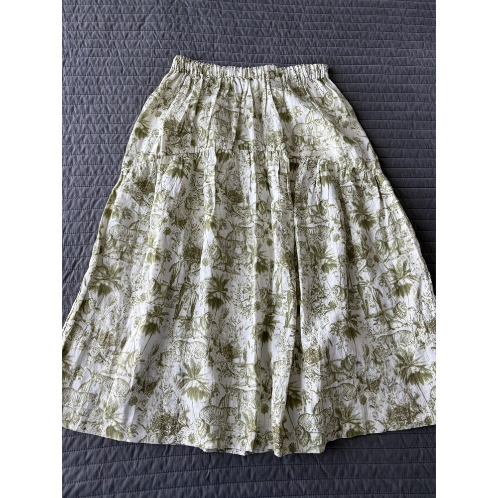 Rachel Zoe Green White Toile Safari Print 100% Linen Midi Skirt Womens Medium - Picture 8 of 9